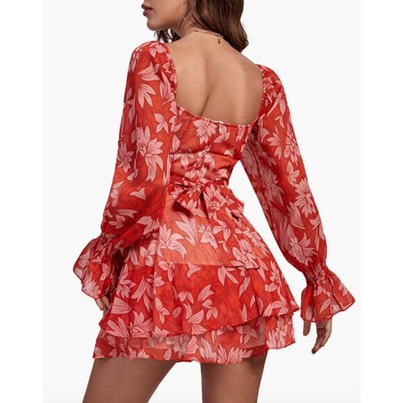 Red Floral Printed Chiffon Ruffle Long Sleeve Romper Short Playsuit Jumpsuit - Picture 5 of 7